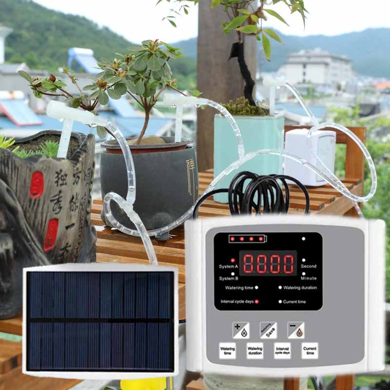 Smart Garden Herb - 自動太陽エネルギー点滴灌漑装置 ダブルポンプ 調整可能なバルブコントローラー タイマーシステム インテリジェントガーデン散水