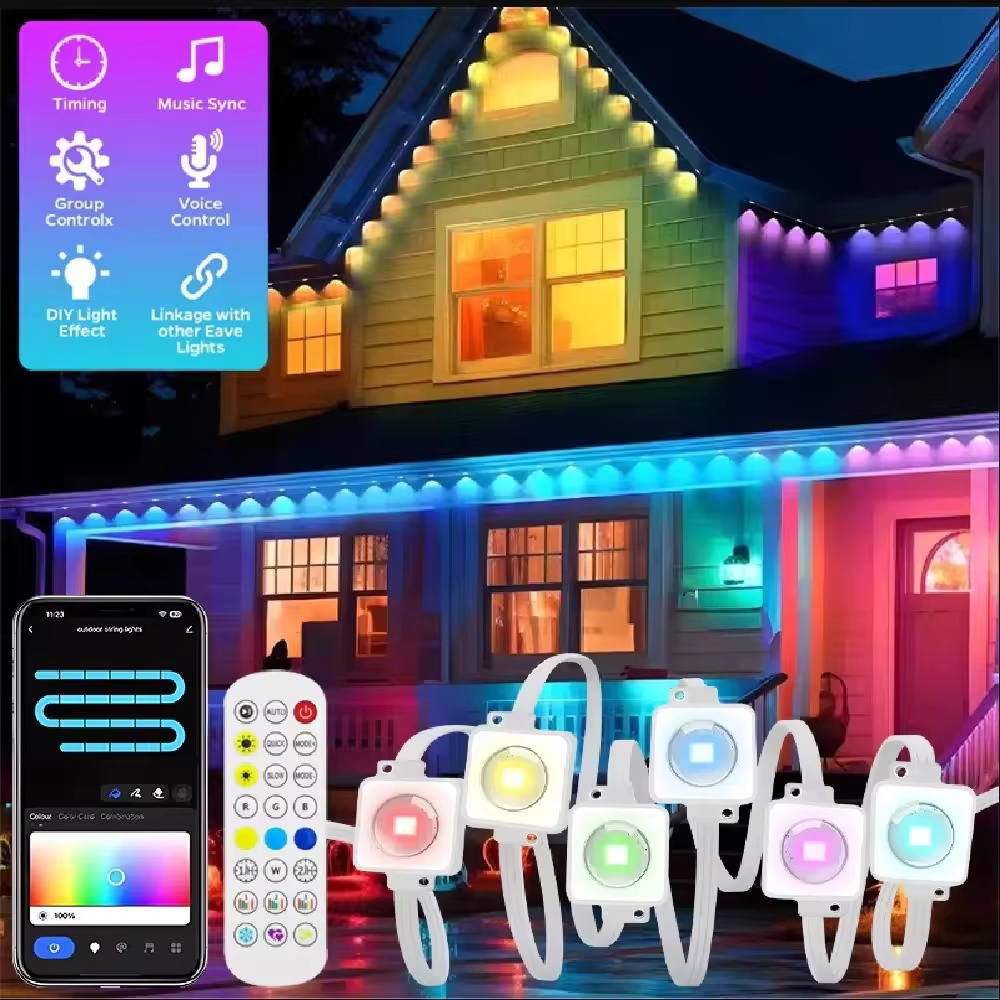 Smart Garden Outdoor - 15M/30M/45M/60M/90M RGBICスマート屋根裏ライト、アプリ/リモコン付き、IP67防水、屋外ストリングライト、住宅屋根、庭園照明