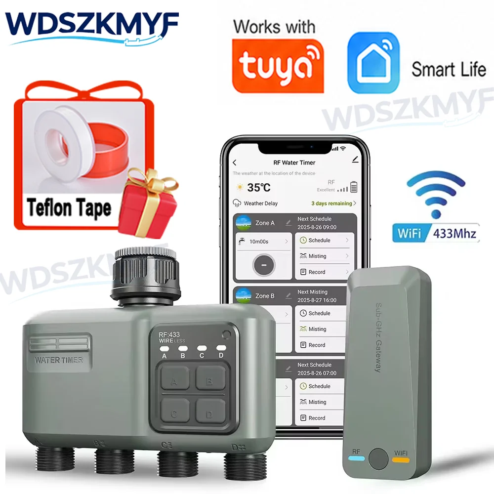 Smart Garden Accessories - WiFi RF433スマートガーデン散水タイマー 4口自動灌漑コントローラー プログラム可能な散水タイマー 防水